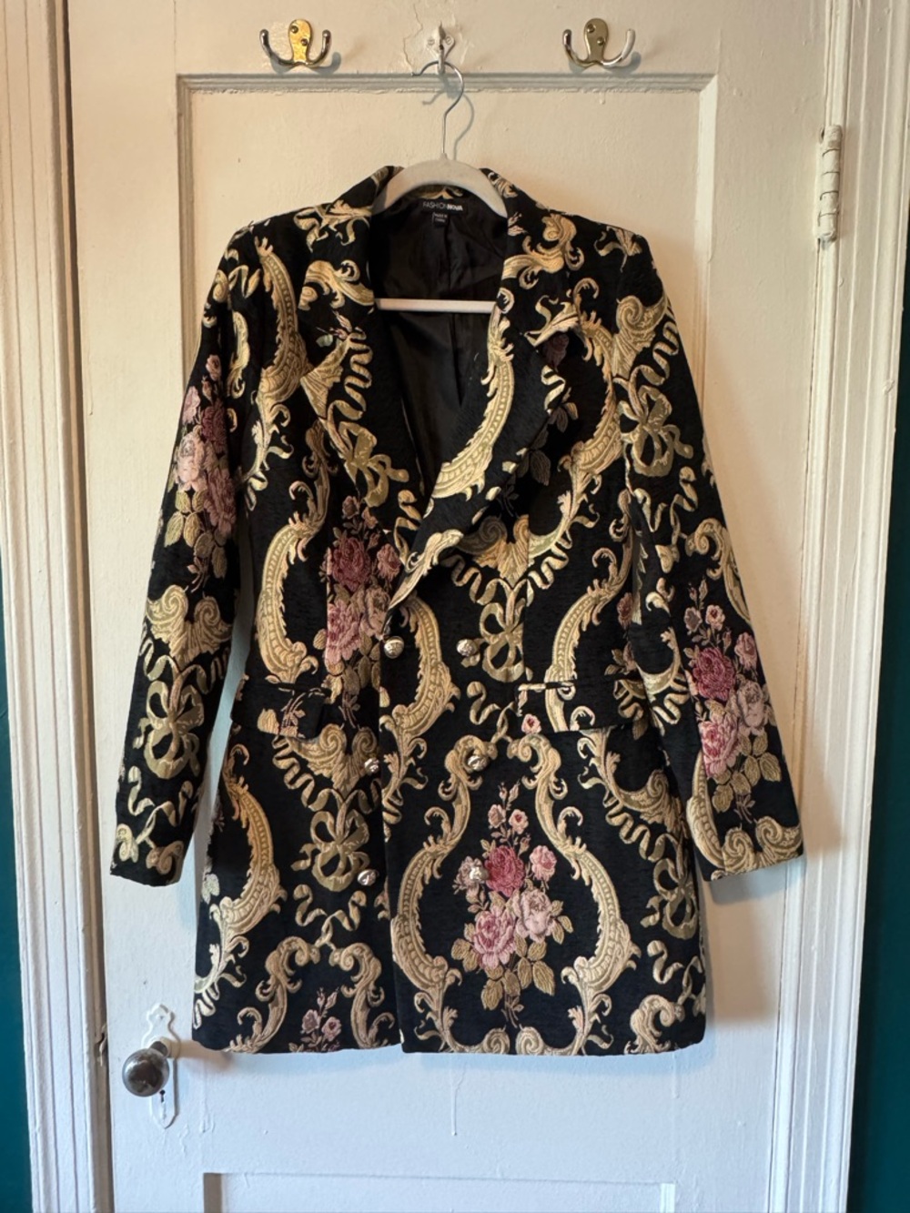 Fashion Nova Black Brocade Blazer with Gold Embroidery and Pink Floral Accents